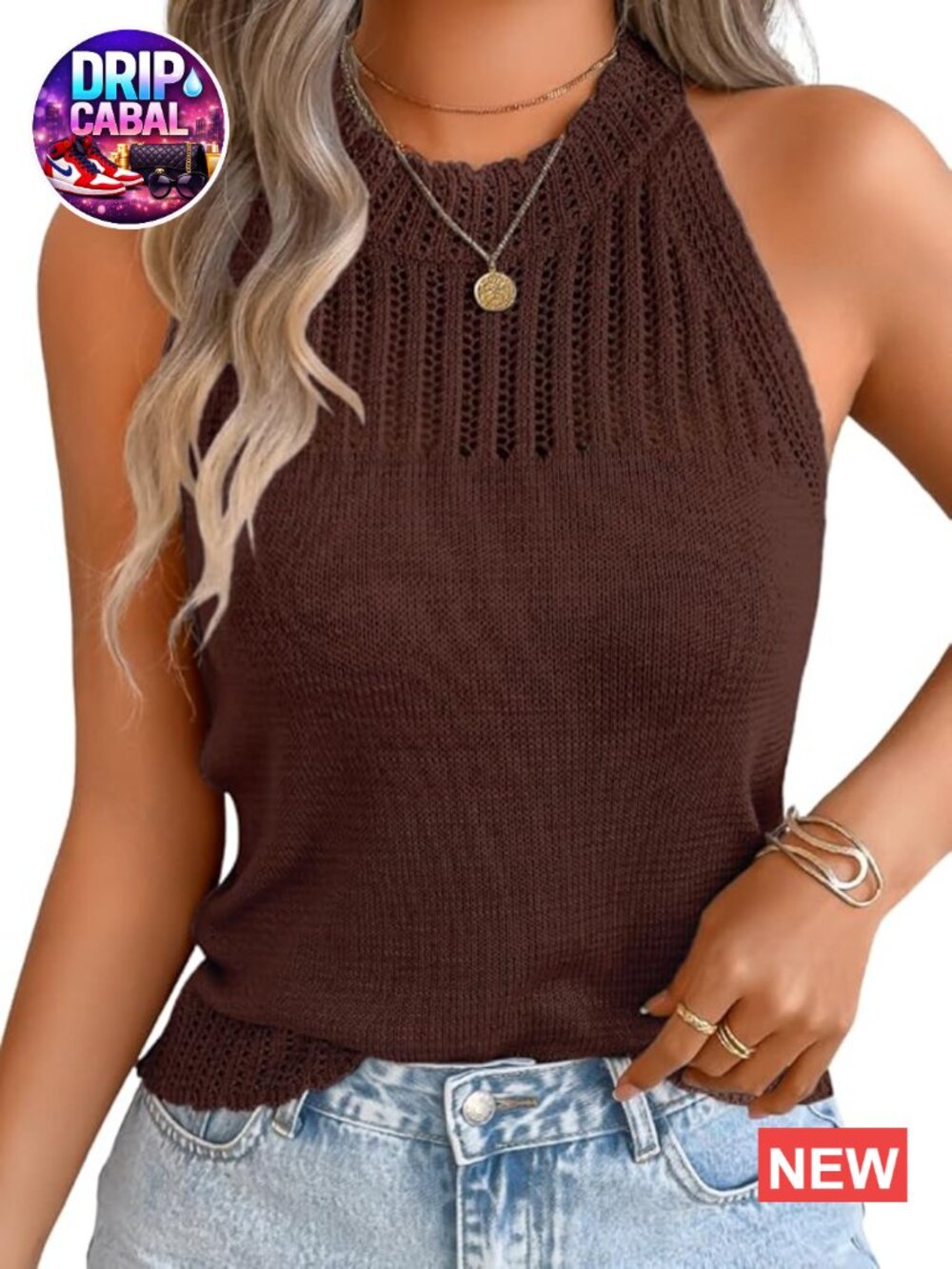 High Neck Racerback Knit Tank Top, Summer Lightweight Sweater Vest